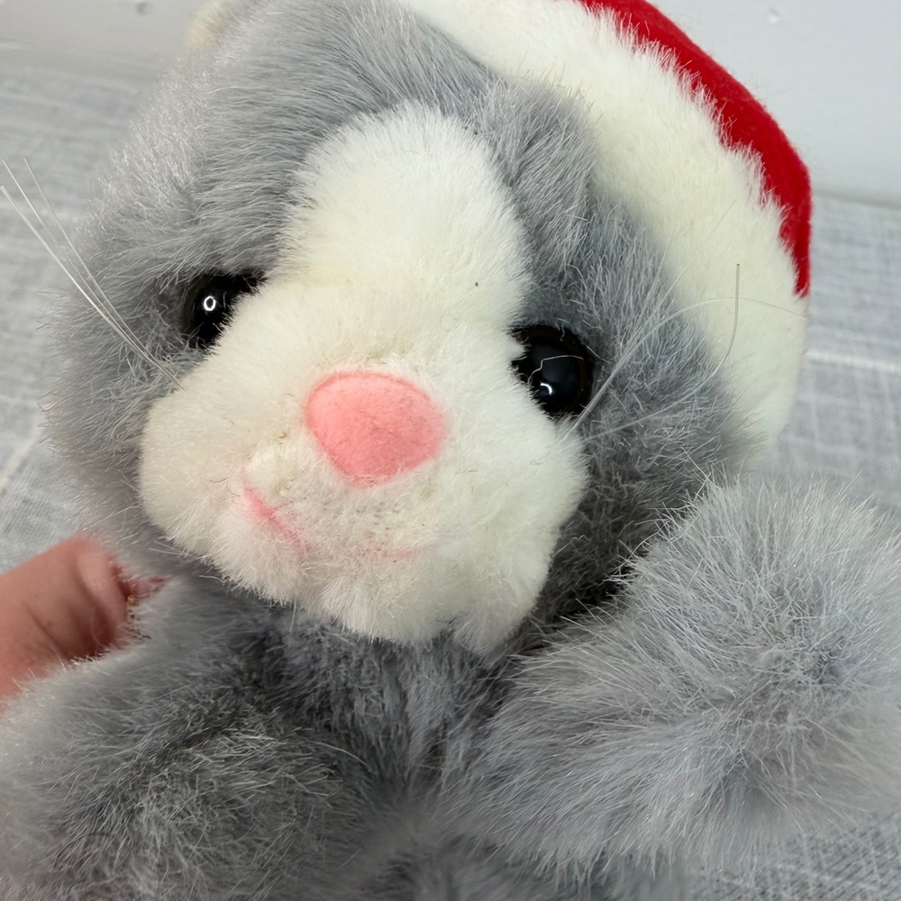 Kristmas Kringles Gray Kitten Cat w/ Santa Hat Tags Caress Soft Pets by Russ 6"